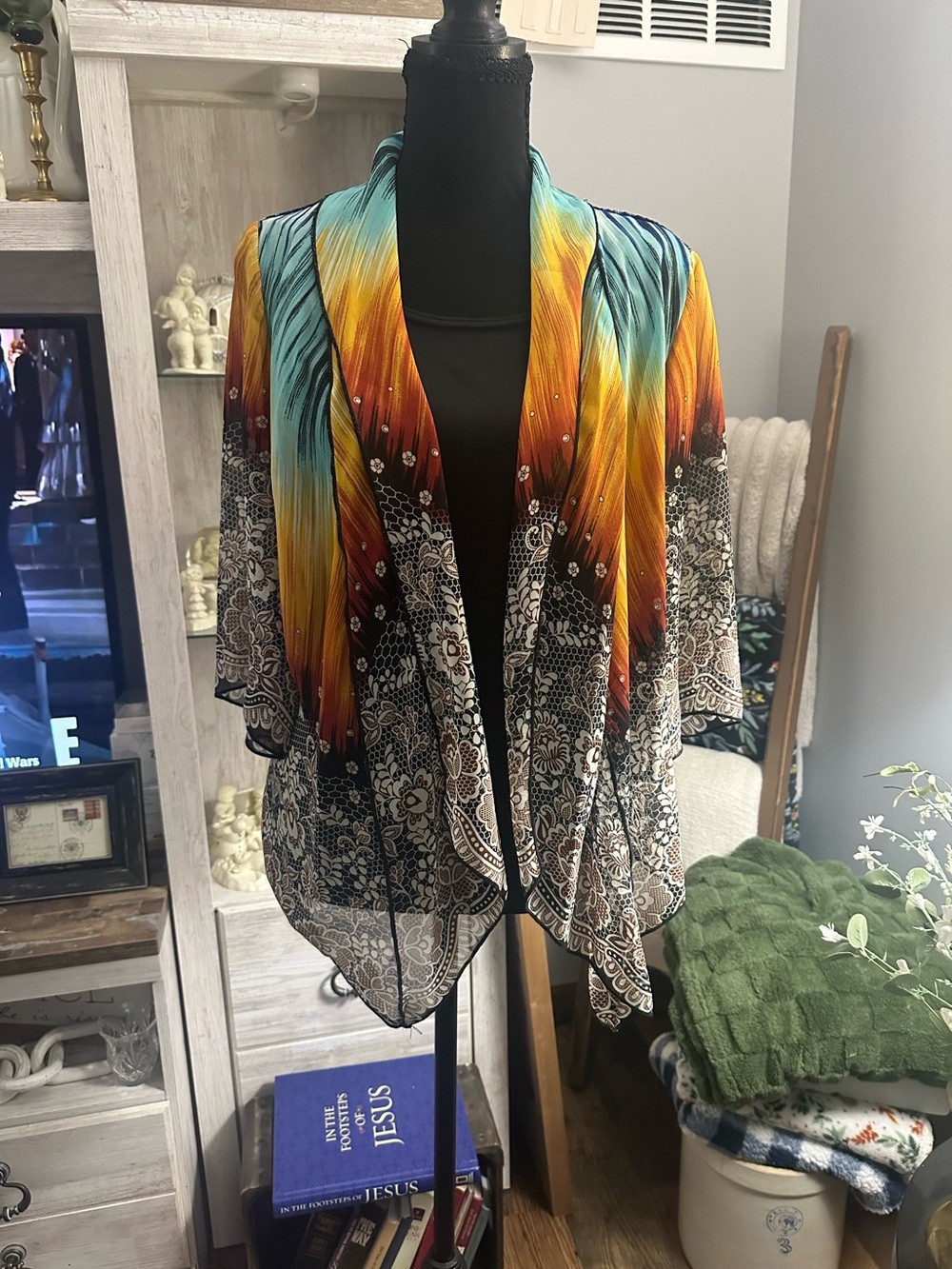 Sara Michelle Teal, Gold & Orange Ombre Floral Top